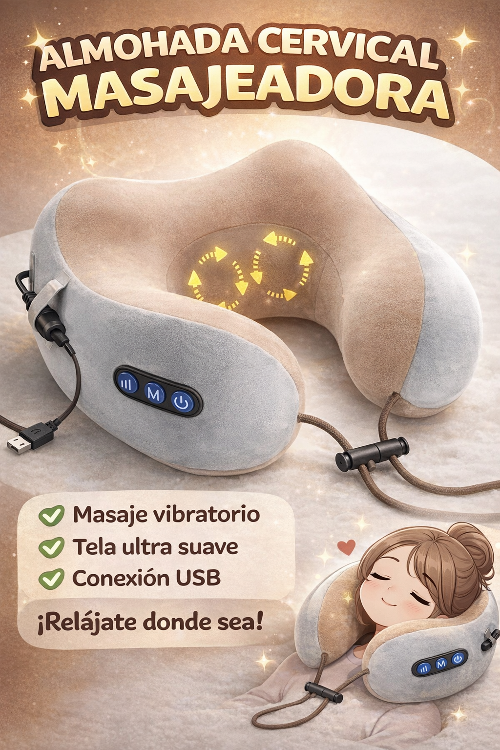Almohada masajeadora cervical con vibración USB Kiden